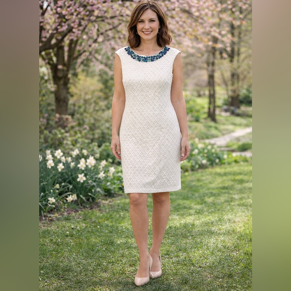 Dress Barm shift dress white floral lace sleeveless jeweled neckline lined